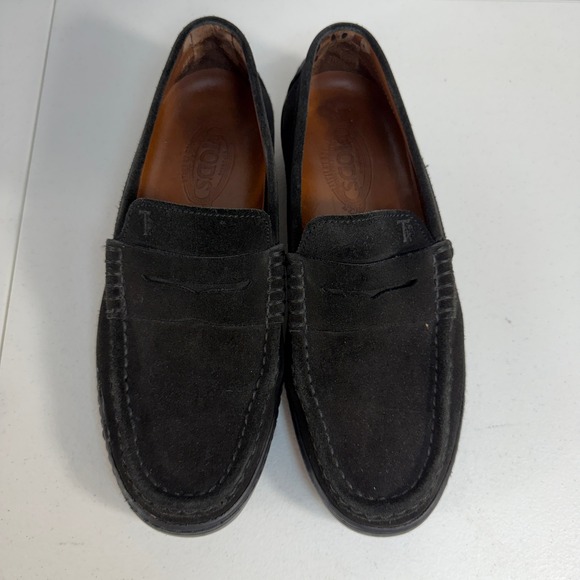 Tods Sz 8 Loafers Penny Suede Vibram Sole Handmade Italy Black Leather Gommino main image 12